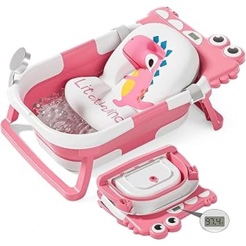 TPN Collapsible Baby Bathtub, Baby Bath Tub with Soft Cushion & Real-Time Thermometer, Baby Bathtub Infant to Toddler Tub (0-36 Months), Portable Travel Baby Tubs for Newborns (Pink)