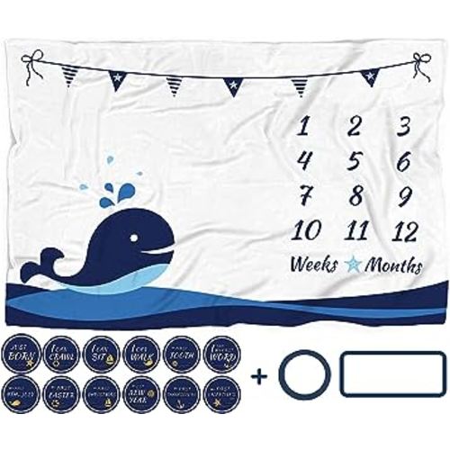 Milestone Blanket Boy, Whale Month Tracker, First Year Calendar Monthly Growth Chart, Photo Prop Mat, Baby Boy Shower Gifts, Nautical Nursery, (Minky 60"x40")