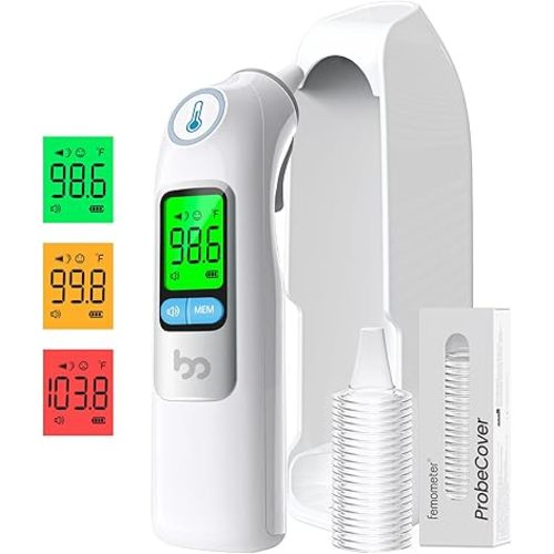 femometer Infrared Ear Thermometer for Adults & Kids, Highly Accurate, 1s Result, 30 Memory Recall, 3-Color Fever Alarm, with 21 Disposable Probe Covers & Storage Case