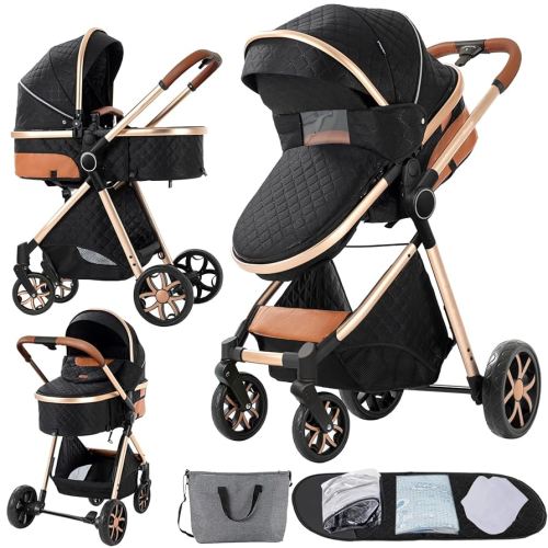 2 in 1 Baby Stroller, Convertible Foldable Standard Stroller, Reversible Pushchair Infant Buggy Carriage, Portable High Landscape Pram for Toddler Newborn, Aluminum Alloy (225 Black Gold)