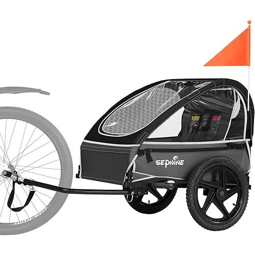 Sepnine Kids Bike Trailer, Suitable for 1 to 2 Kids, 12+ Months, Quick Attach to Bike, Foldable, with 5-Point Harness and Storage Bags