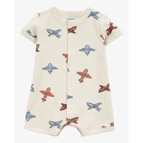 Baby Airplane-Print Ribbed Short-Sleeve Romper - Cream - Carter's | Carter's