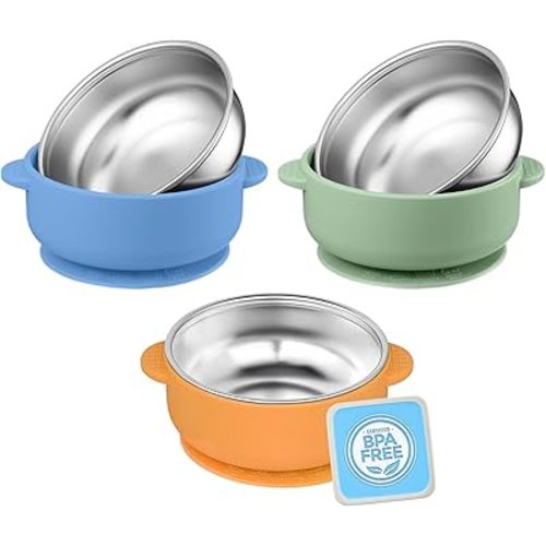 3 Pack Stainless Steel Toddler Suction Bowls for Baby Plates, 2-in-1 SUS304 Toddlers Bowl & Removable Silicone Suction Kids Bowl for Cereal | Snack | Anti-Scald Non-Toxic Suction Bowls