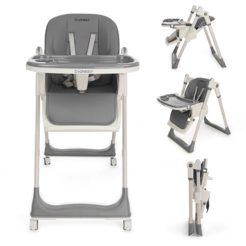 Cochildor 3 in 1 Foldable High Chair for Baby, Adjustable Heights Toddler High Chair with 5 Point Harness, Tray, Foot Rest and Wheels, Grey