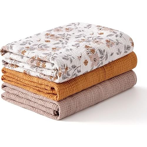 TILLYOU 3 Pack Muslin Swaddles for Newborns Baby Blankets for Girls Boys Cotton Swaddle Blankets 47"X47", Yellow Flower