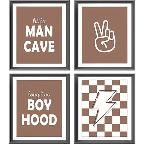 Little Man Cave Retro Preppy Checkered Lightning Peace Sign Long Live Boyhood Poster Prints for Boy Teen Room Dorm Decor,Preppy Decorations Prints Wall Art Unframed 4pcs 8x10inches,Teen Boys Gifts