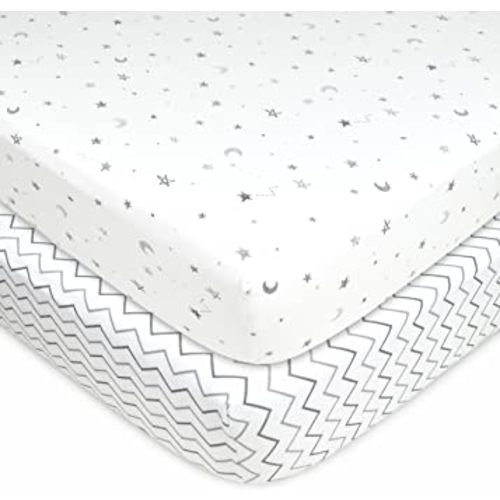 American Baby Company 2 Pack 100% Natural Cotton Fitted Crib Sheets 52" x 28" - Soft, Breathable, Hypoallergenic & Gentle Toddler Bed Sheets, Gray Star/Gray Zigzag, Neutral for Boys & Girls