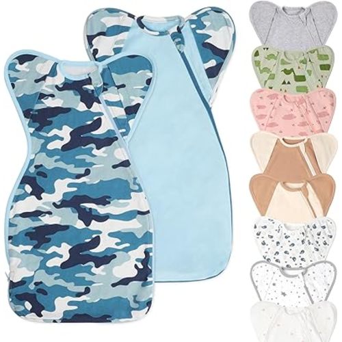 Swaddle Blanket Sleep Sack with Arms Up Design 2 Packs, Hands Up Sleeping Sack 3-Way Transitions to Arms-Free Wearable Sleeping Bag for Newborn Baby Boys Girls Snug Fit Calms Startle Reflex