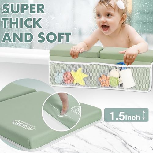 beiens Bath Kneeler and Elbow Rest Pad Set - 1.5'' Comfortable Thick Baby Bath Kneeler Pads, Quick Dry Kneeling Pad for Baby Bath Time, Non-Slip Knee & Arm Support Bathtub Mat with Toys Organizer - Grey Green