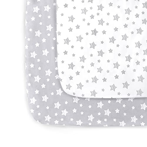 Mini Crib Sheets, 2 Pack Pack and Play Sheets, Stretchy Playard Fitted Sheet, Compatible with Graco Pack n Play, Soft and Breathable Material, Grey & White