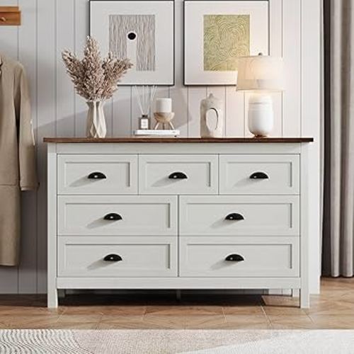 Farmhouse White Dresser for Bedroom, 7 Drawer Dresser with Vintage Black Handle, Wide Wood Dressers & Chests of Drawers for Hallway, Entryway, Antique White