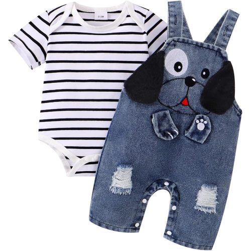 Baby Boy Clothes Newborn Striped Romper Summer Outfits + Infant Cartoon Animals Jeans Suspender Overalls 0-18 Months
