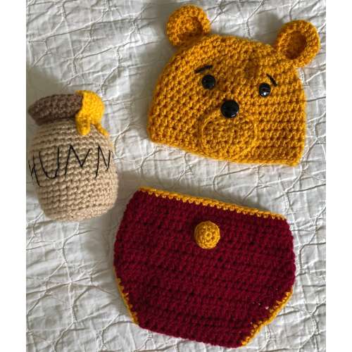 Pooh Bear Newborn Photo Prop Set with Hunny Pot Rattle
