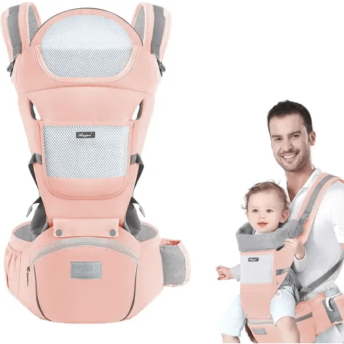 Multi-Functional 9 in 1 Baby Carrier - Newborn to Toddler, 7-45 lbs, Hip Seat, Ergonomic Sling, Hands Free Backpack, All Seasons (Pink)