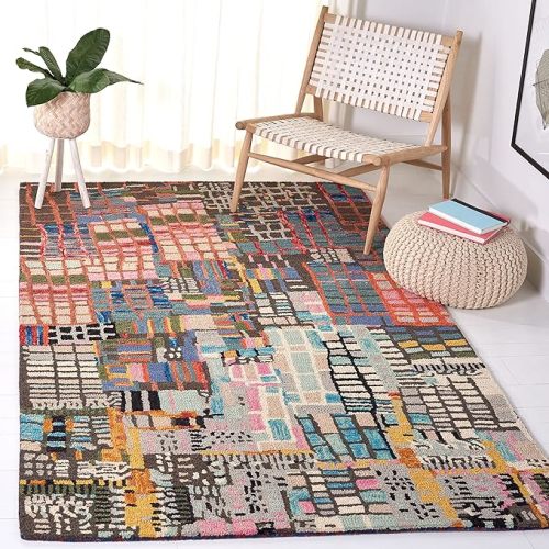 SAFAVIEH Aspen Collection Area Rug - 6' x 9', Ivory & Black, Handmade Boho Abstract Wool, Ideal for High Traffic Areas in Living Room, Bedroom (APN517A)