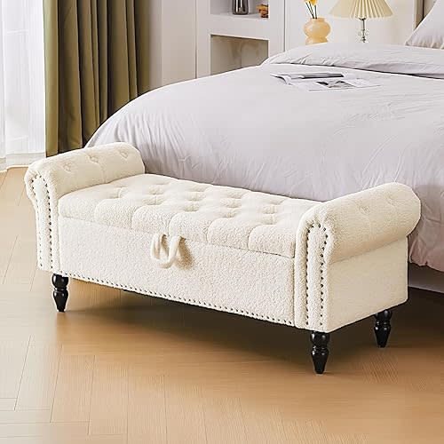 Furnimart Storage Ottoman Bench for Queen Size Bed, Faux Fur Upholstered Storage Bench Accent Bench with Rolled Arms for Bedroom,Living Room, Entryway, 2.5Cubic Feet