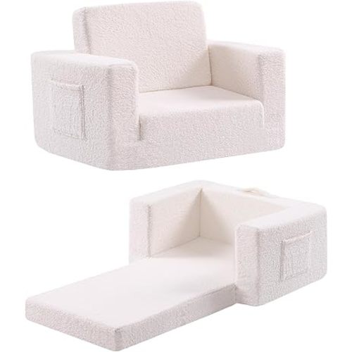 Toddler Chair Sherpa Kids Couch, 2-in-1 Toddler Soft Kids Sofa Toddler Lounger Chair for Bedroom, Convertible Toddler Couch for Girls and Boys, Reading Chair for Kids, Beige