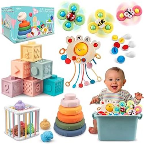 6 in 1 Baby Toys 6 to 12 Months, Montessori Toy for Toddlers 1-3, Infant Teething Babies Toy Stacking Blocks Rings Pull String Toy Sorter Sensory Bin