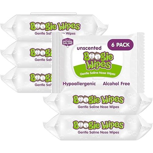 Boogie Wipes Gentle Saline Nose Wipes - 180 Count - Unscented, Hypoallergenic & Alcohol-Free - Made with Natural Saline, Aloe, Chamomile & Vitamin E - Diaper Bag Essential