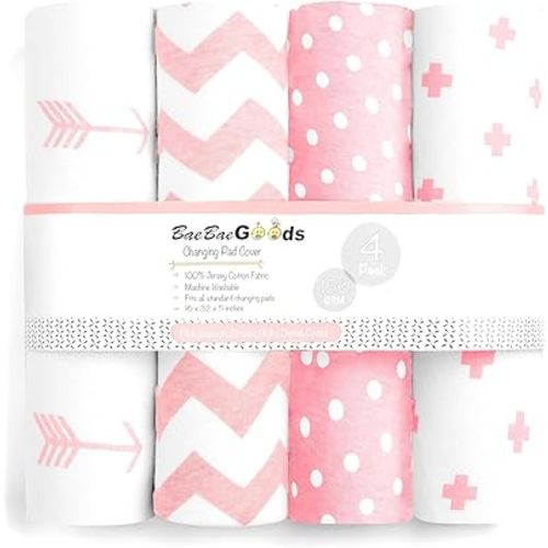 Changing Pad Cover – Baby Changing Pad Covers 4 Pack – Girls Changing Pad Cover Set – Pure Cotton Machine Washable Pink and White Changing Table Cover – Diaper Changing Pad Cover Sheets
