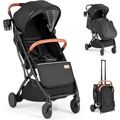 BABY JOY Lightweight Stroller, Compact Travel Stroller with One-Hand Fold, Adjustable Backrest, Canopy, Cup Holder, Footmuff & Storage Basket for Toddlers (Black)