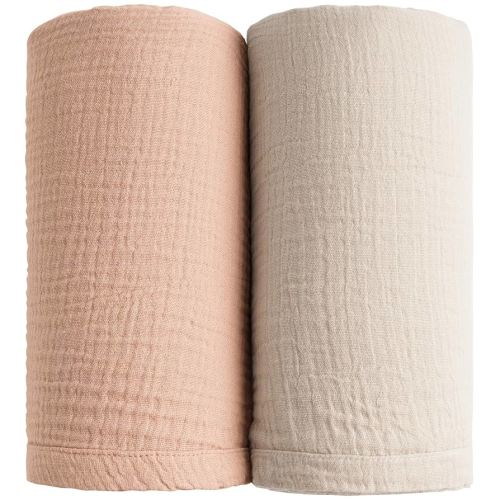 Konssy Muslin Swaddle Blankets for Boys Girls, 2 Pack Receiving Baby Blanket Large 47 x 47 inches, Soft Breathable Swaddling Wrap for Unisex Newborn (Peach, Cream)