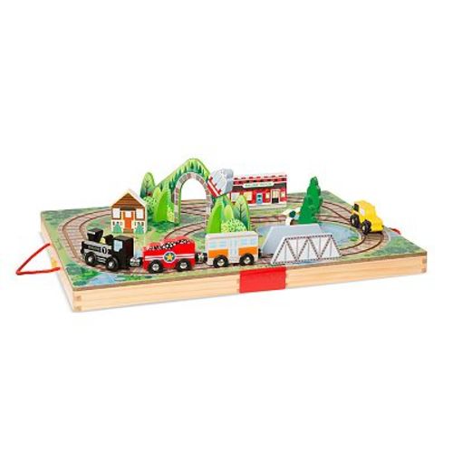 Boys Girls MELISSA&DOUG Melissa & Doug 17-Piece Wooden Take-Along Tabletop Railroad, 3 Trains, Truck, Play Pieces, Bridge