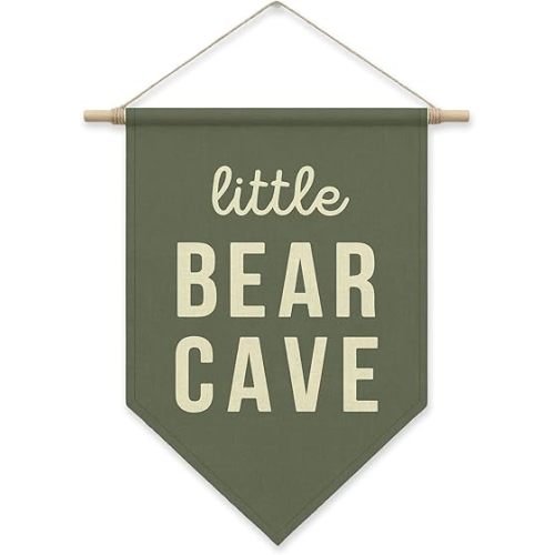 SHIEL-EVEN Little Bear Cave Poster Hanger Frame, Kids Pennant Banner Flags, Nursery Decor for Baby Boy Children, Toddler, Canvas Wall Hanging Decor for Kids Room Bedroom Playroom, Sage Green Wall Art