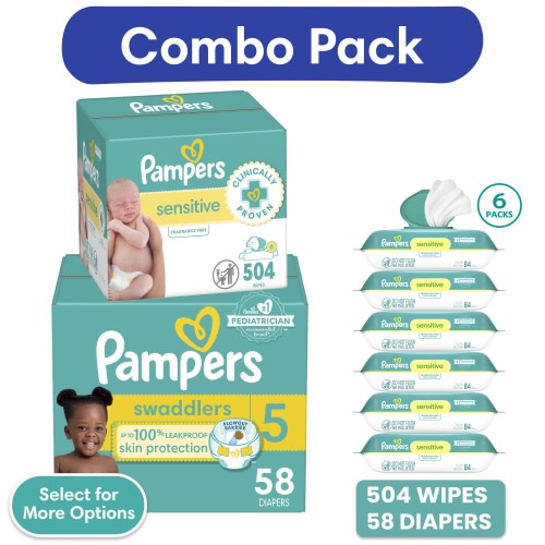 Pampers Swaddlers Diapers, Size 5, 58 Count and Pampers Sensitive Baby Wipes 6-Pack 504 Wipes (Select for More Options)