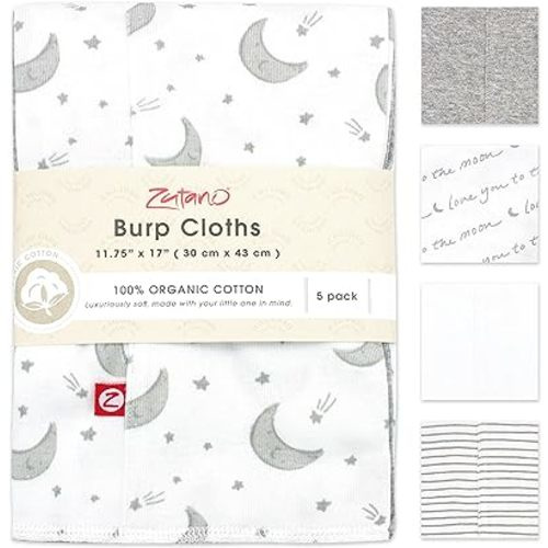 Zutano 5-Pack Organic Burp Cloths for Baby Girl & Boy, Large Cotton Burping Cloths for Babies | Absorbent Baby Spit-Up Rags | Gender Neutral Burp Clothes | Newborn Essentials, Love You to The Moon