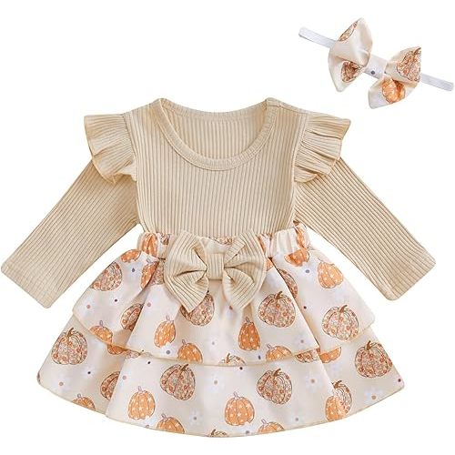 Baby Girl Thanksgiving Outfit Newborn Outfit Ribbed Ruffle Romper Dress and Headband Cute Fall Clothes