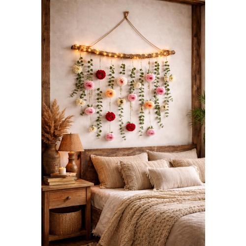 Silk Flower Garland with Fairy String Lights – Eucalyptus Rosebud Wall Hanging- Wedding Flowers-Handmade Gift Idea-Country Folk Wall Decor