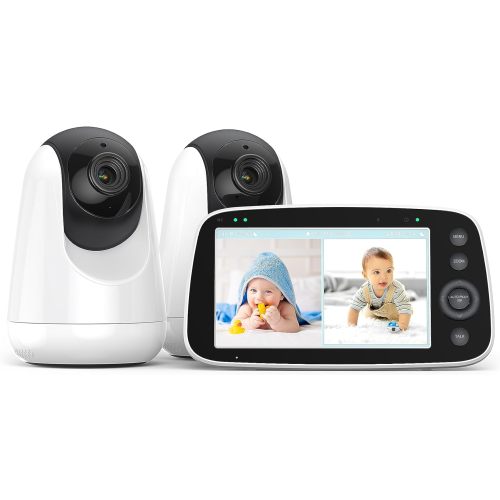 HiPP No WiFi Video Baby Monitor, 5" 720P HD Split-Screen Baby Monitor with 2 Camera and Audio, Infrared Night Vision, 2X Zoom, 900ft Long Range, 4500mAh Battery, 2 Way Audio Talk, White - 2 Count (Pack of 1) - Black