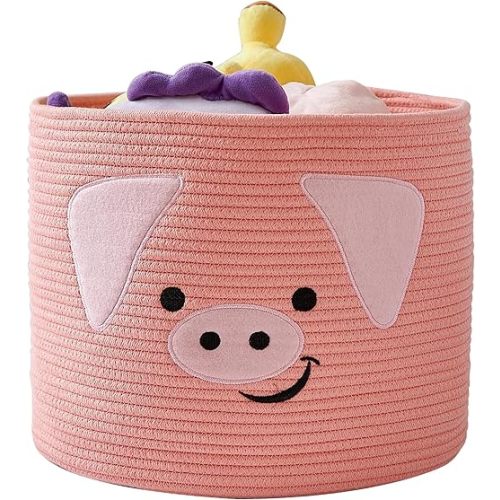 OMERAI Animal Baskets Cotton Rope Storage Basket Woven Toy Basket Large Basket for Blankets Cute Pig Basket with Handles Foldable Animal Laundry Basket Nursery Basket Organizer, 15"D x 12.6"H, (Pink)