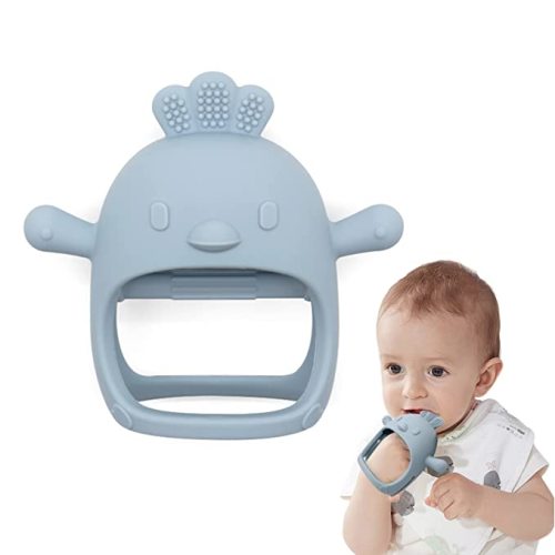 Chick Shape Baby Teething Toys, Never Drop Hand Wrist Teether, Baby Chew Toys for Sucking Needs, Food-Grade Silicone Baby Mitten Teether for Soothing Teething Pain Relief, Easy to Grip (Dusty Blue) - Chick-Dusty blue