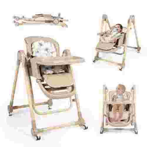 Loewten 3-in-1 Baby High Chair,Convertible Baby Swing,Foldable Infant Dining Chairs Seat with Wheels for Babies and Toddlers,Brown