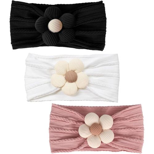 3 Pcs Baby Flower Headbands Baby Girls Nylon Headband Soft Hairbands Hair Accessories for Newborn Infant Toddler Kids (White Black Pink)