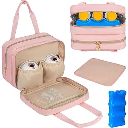 Breastmilk Cooler Travel Bag, Wearable Breast Pump Storage Bag Compatible with Momcozy/Medela/Elvie/Willow Breast Pump with Ice Pack and Waterproof Mat,Pink