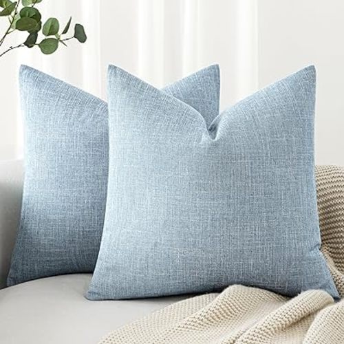 MIULEE 24x24 Inch Euro Linen Burlap Pillow Covers, Set of 2 Large Square Farmhouse Boho Decorative Pillows - Light Blue Home Decor for King Bed, Sofa, Couch, Bedroom,Livingroom