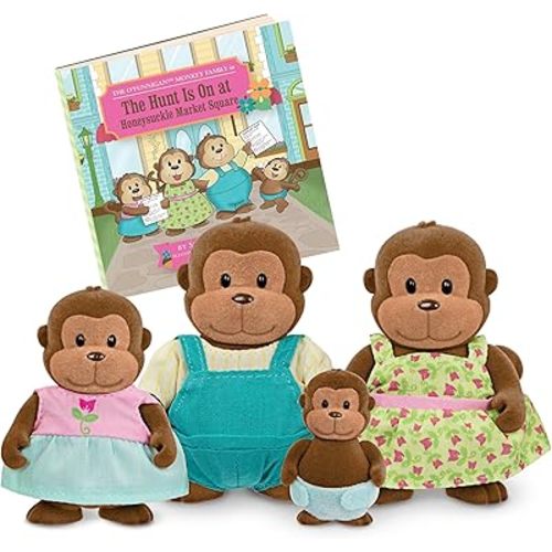 Li'l Woodzeez – The O'Funnigan Monkey Family – Set of 4 Collectible Posable Figures with Storybook for Imaginative Pretend Play – Fun Toy for 3+ Years