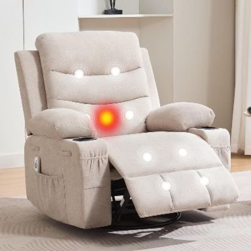Oversized Manual Reclining Rocking Chair, 360 Swivel Glider with Cup Holder, Massage and Heat