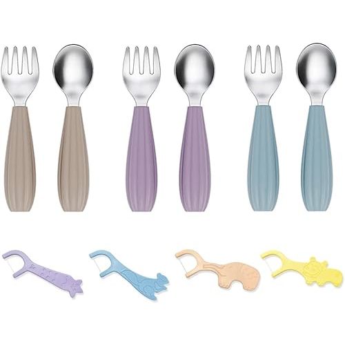 6 Pieces Toddler Utensils, 3 Kids Forks and 3 Spoons, Silverware Set with Food Grade Silicone Handle, Children Safe Flatware, Self-Feeding Stainless Steel Kids Flatware, Dishwasher Safe