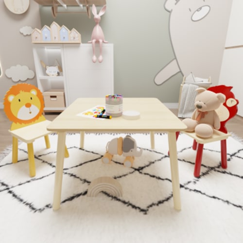 LEGAHOME Kids Table and 2 Chairs Set, 3 Pieces Wood Activity Table Drawing Play Table and Animals Chairs Set, Adorable Study Desk Table Chairs Set for Toddler