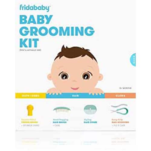 FridaBaby Grooming Kit Includes Finger Brush with Storage Stand Hair Brush with Case Styling Hair Comb Easy Grip Nail Scissors with Nail File and Case