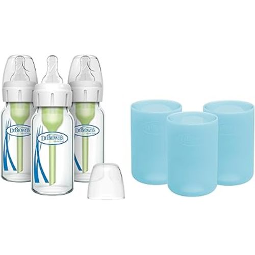 Dr. Brown's Anti-Colic Options+ Narrow Glass Baby Bottles 4 oz/120 mL, with Level 1 Slow Flow Nipple, 3 Pack 0m+ with Blue 100% Silicone Sleeves, BPA-Free