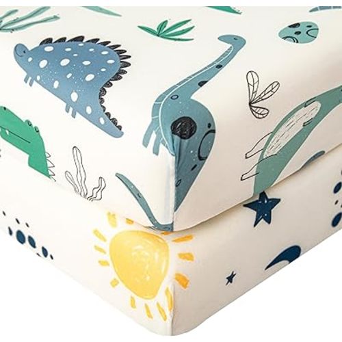 SDIII 2 Pack Space and Dinosaur Crib Sheets for Boys 52×28 Stretchy Microfiber Jersey Knit Fall Crib Sheets Boy for Standard Crib and Toddler Mattress
