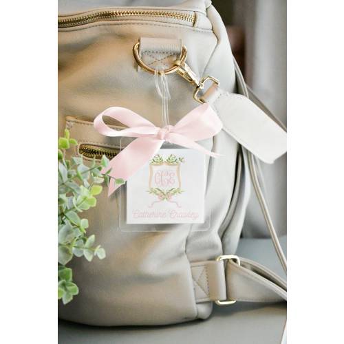 Watercolor Pink Floral Crest Luggage Diaper Bag Tag // greenery // girl // floral // monogram // bow // crest // laminated // personalized