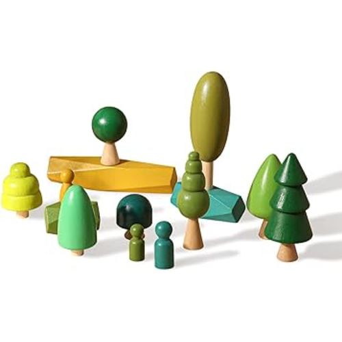 Wooden Tree Toy with Stacking Blocks for Toddlers Wood Peg Dolls and Balancing Stones for Home Decrocation Wooden Montessori Toys for Boys Girls Mini Trees Ornaments for Home Decor Accessories
