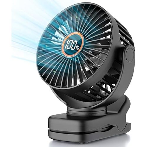 Mini Clip on Fan, Battery Operated Desk Fan, Digital display,3 Speeds Adjustable, Bidirectional 360 ° Adjustable, Super Strong Wind, Portable Fan for Home Office Stroller Camping Black