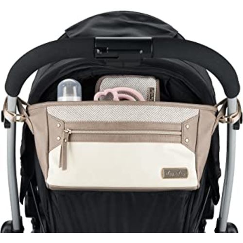 Itzy Ritzy Adjustable Stroller Caddy/Organizer - Stroller Organizer Bag Featuring Front Zippered Pocket, 2 Built-In Interior Pockets & Adjustable Straps to Fit Nearly Any Stroller (Vanilla Latte)